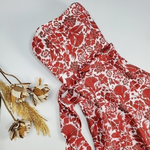 🔴 Campaign Brown Red Floral Belted Strapless Dress Size 6 - Picture 2 of 15